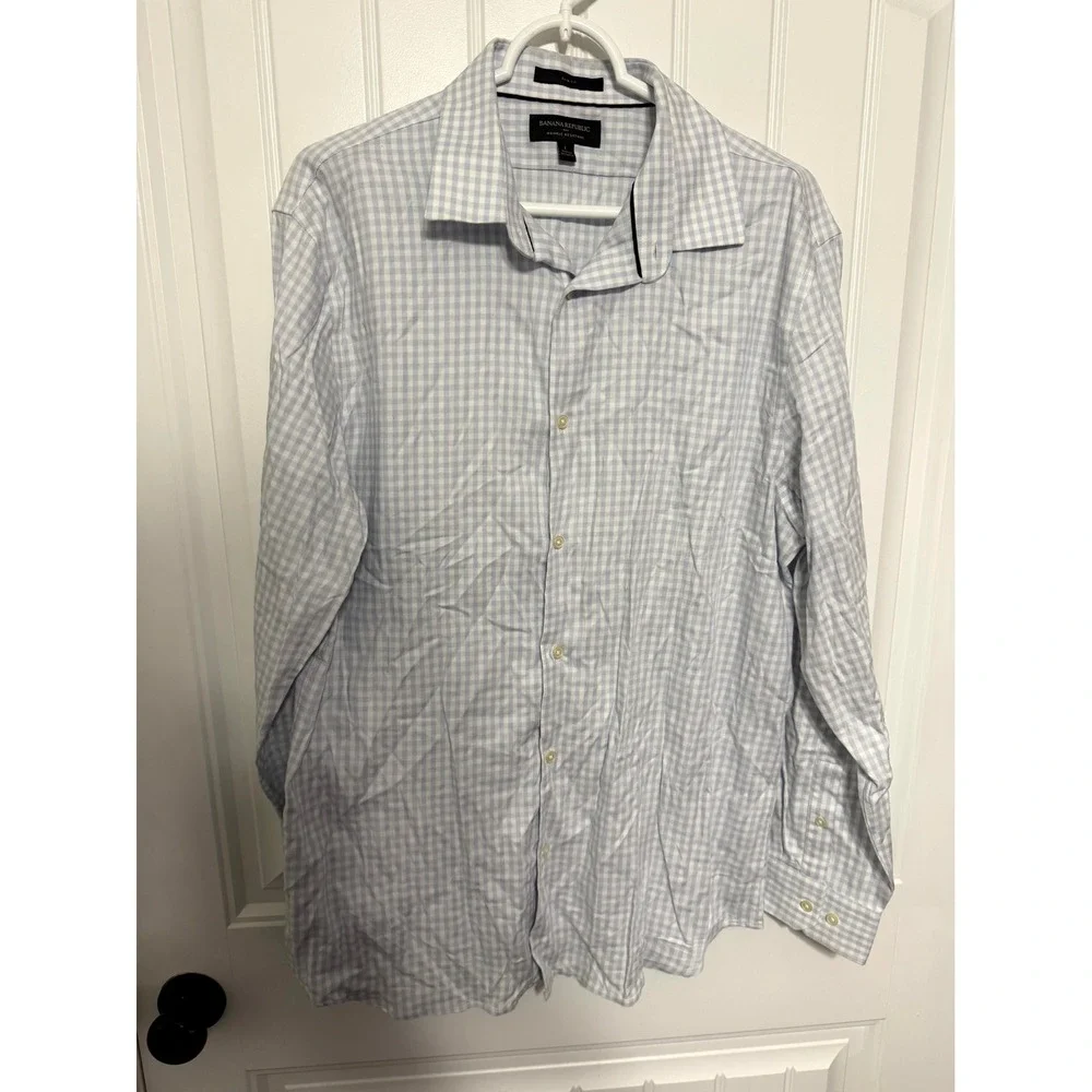 Banana Republic Button Down Mens Large Blue Gingham Slim Fit Wrinkle Resistant